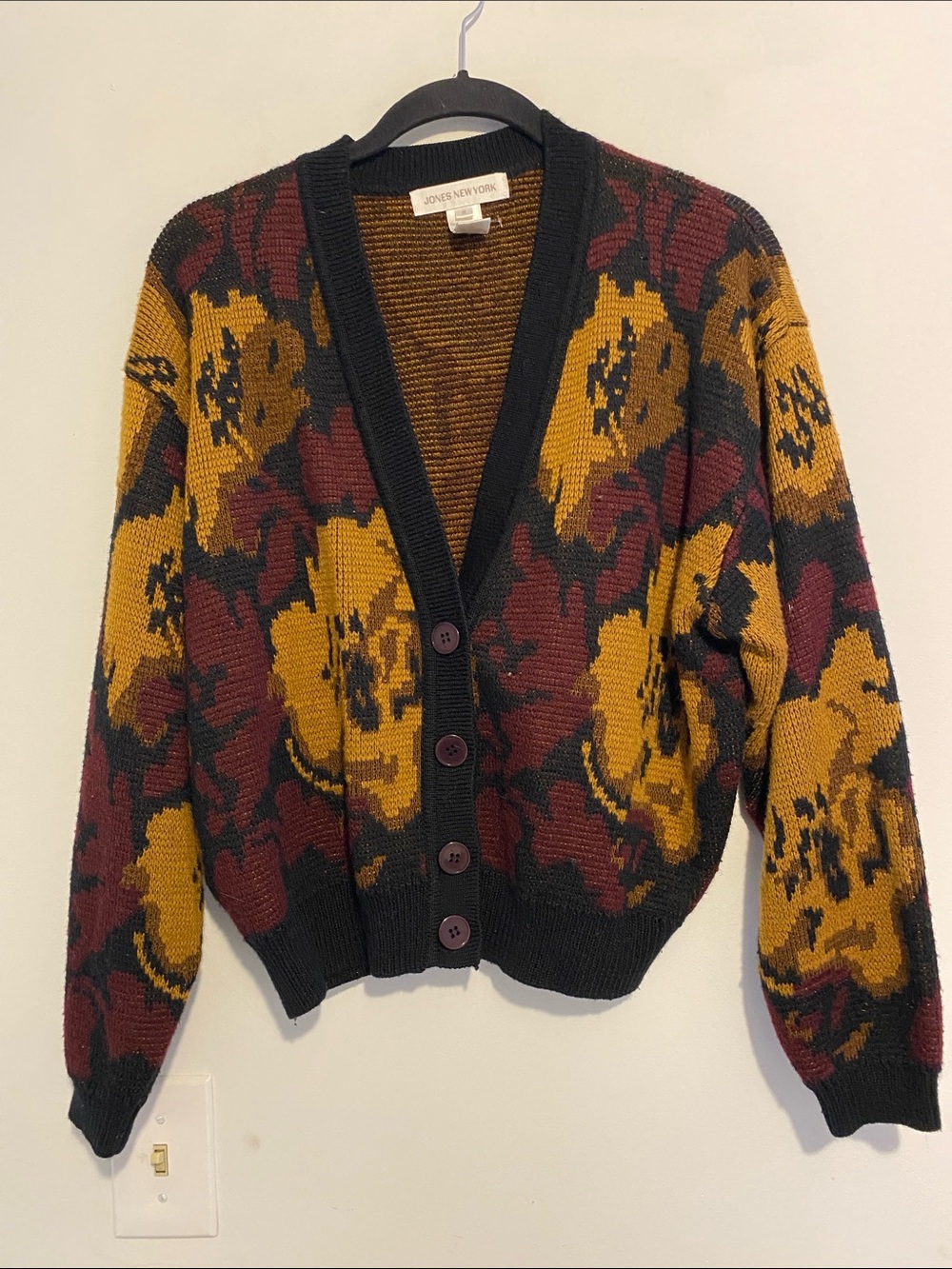 Jones New York Floral V‑Neck Button Cardigan in Mustard, Burgundy & Black
